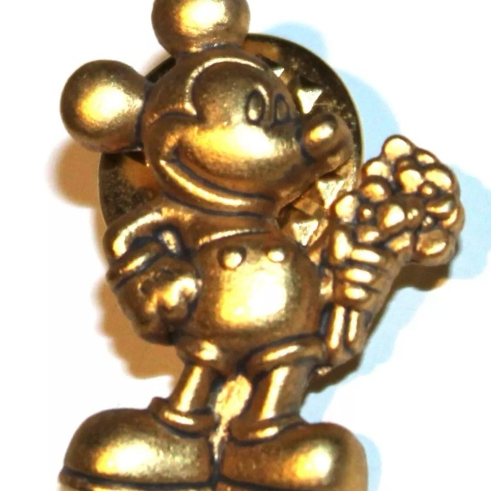 Vintage Disney Mickey Mouse with Flowers Lapel Pin Gold Tone